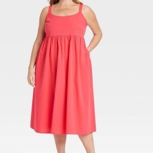 Women's Midi Empire Waist Dress Ava & Viv Coral Red Cotton-Spandex Blend  XXL